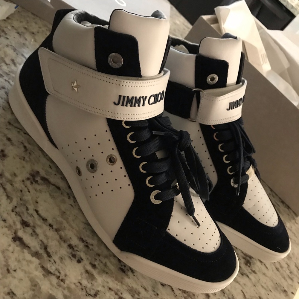 JIMMY CHOO LEWIS CALFSKIN AND SUEDE HIGH-TOP